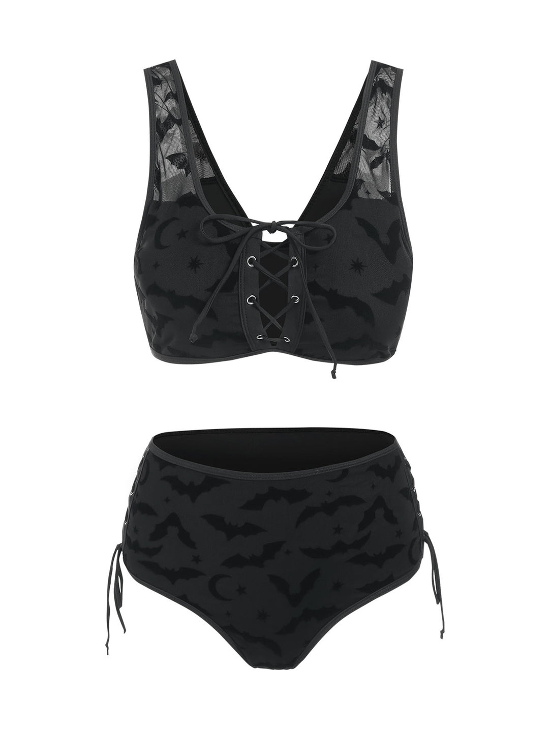 Gothic Bat Cinched Mesh Lace Up Cut Out Bikini Swimsuit
