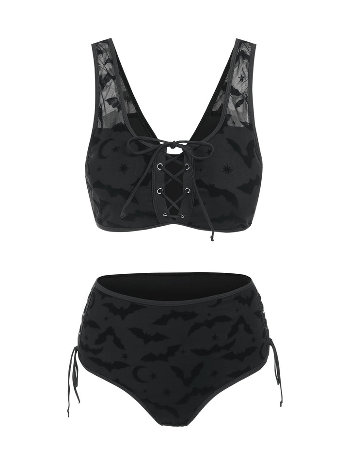 Gothic Bat Cinched Mesh Lace Up Cut Out Bikini Swimsuit