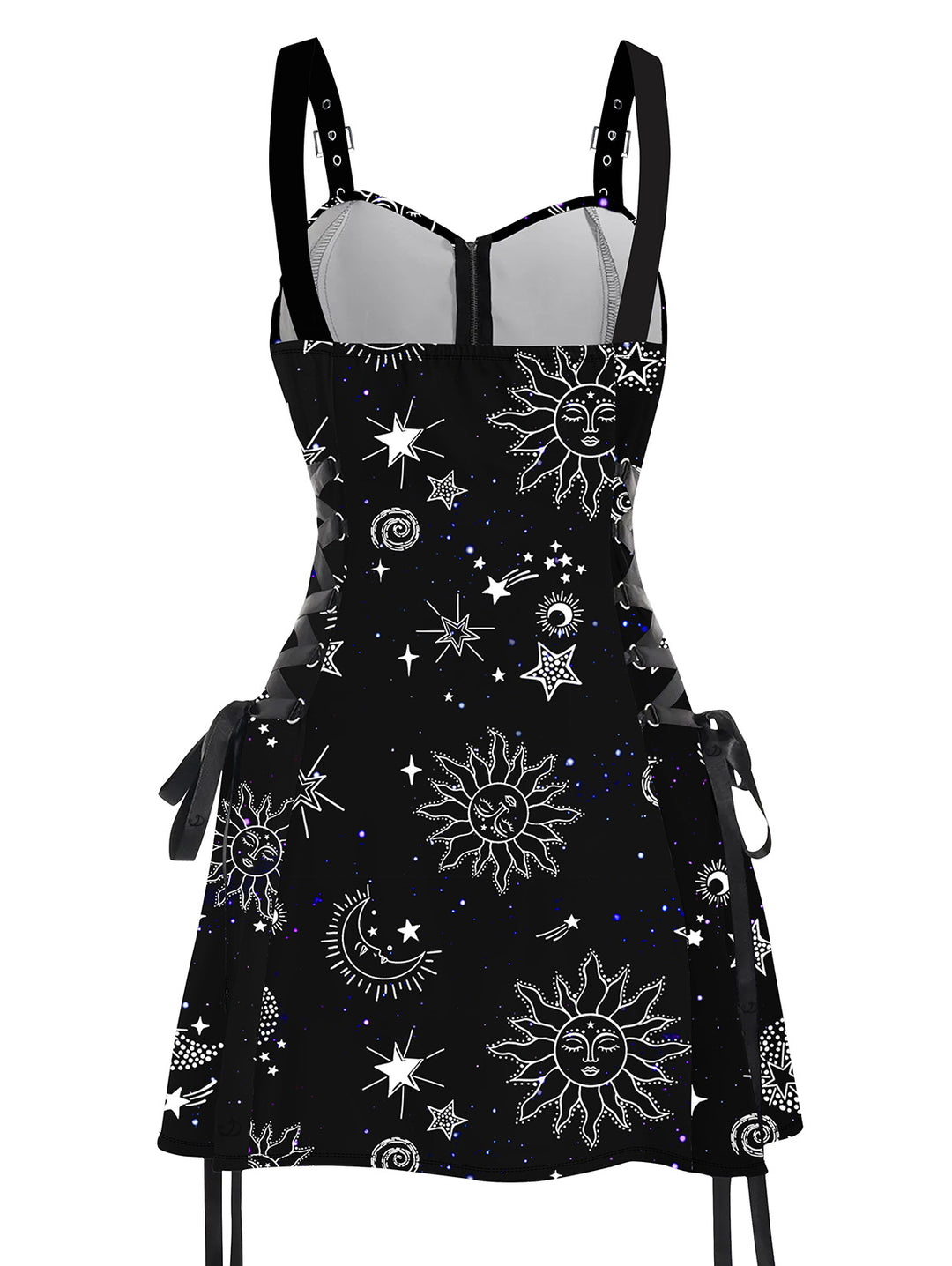 Witchy Celestial Sun Star Half Zipper Lace Up Strap Mini Dress