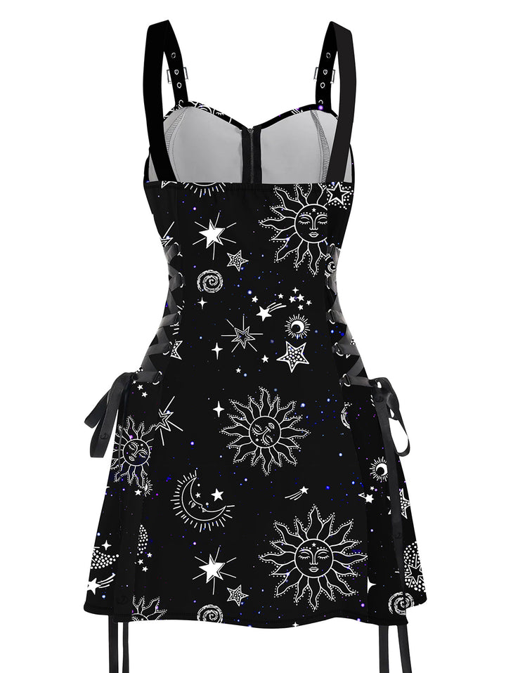 Witchy Celestial Sun Star Half Zipper Lace Up Strap Mini Dress