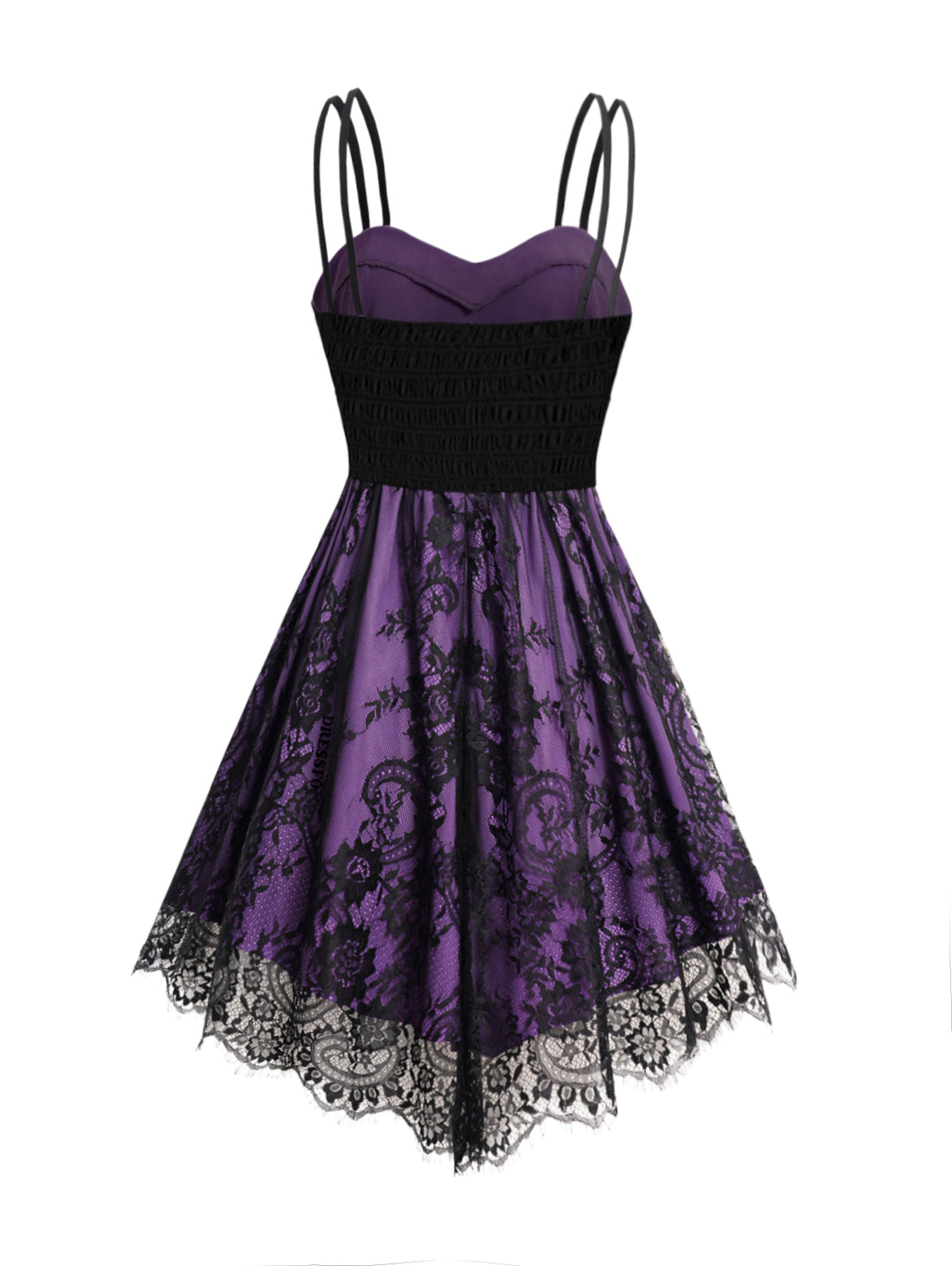 Allover Flower Print Lace Mesh with Corset Belt Double Spaghetti Strap Cami Dress-Purple