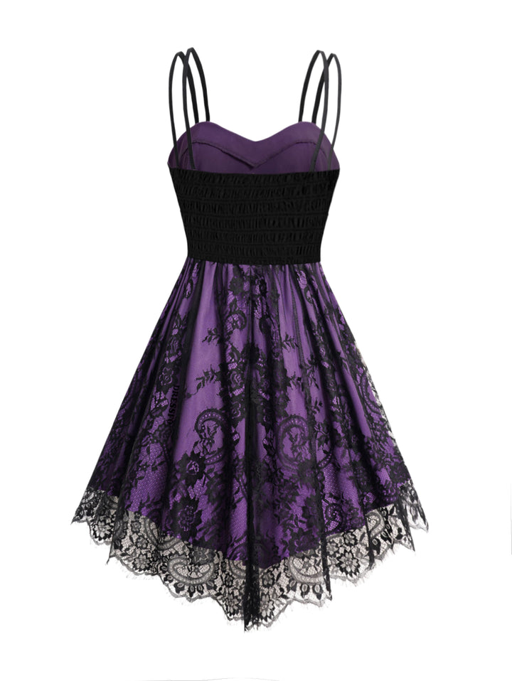 Allover Flower Print Lace Mesh with Corset Belt Double Spaghetti Strap Cami Dress-Purple
