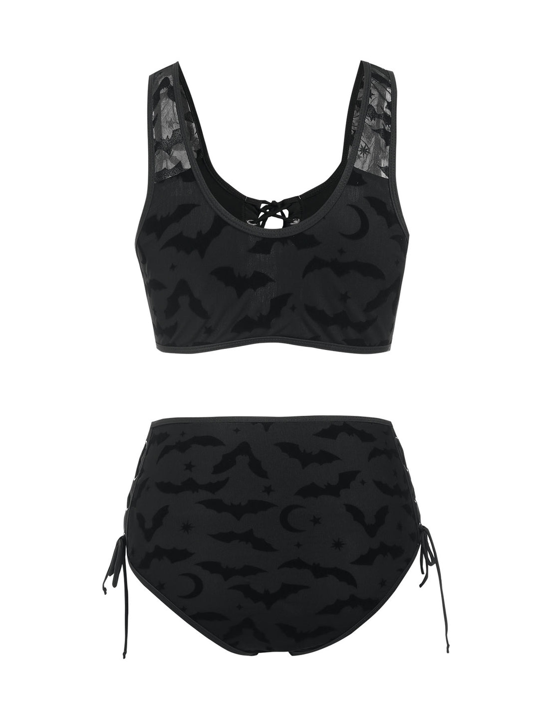 Gothic Bat Cinched Mesh Lace Up Cut Out Bikini Swimsuit