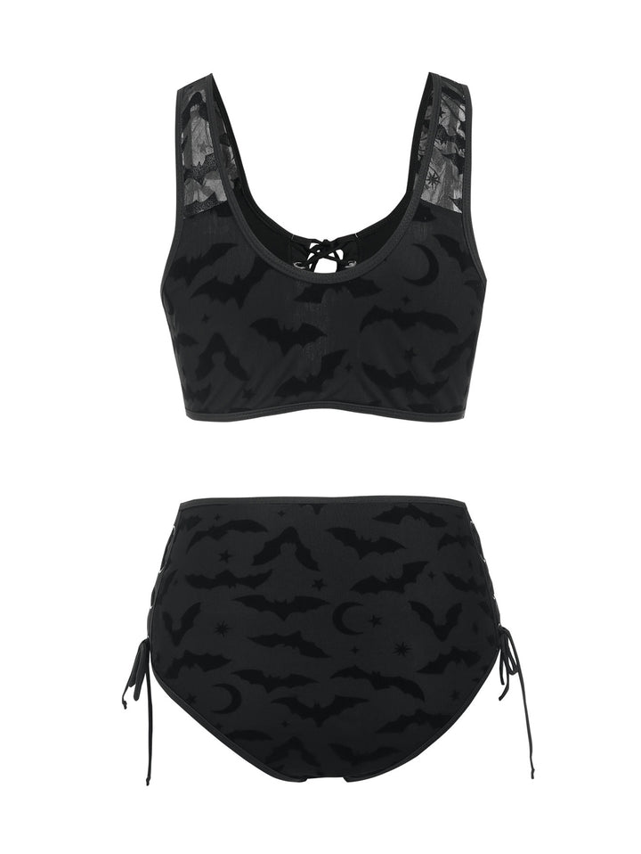 Gothic Bat Cinched Mesh Lace Up Cut Out Bikini Swimsuit
