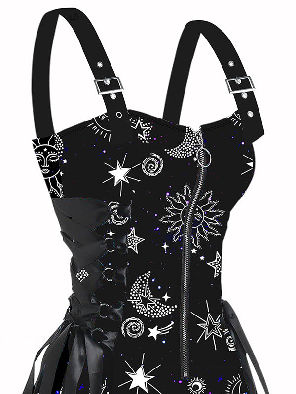Witchy Celestial Sun Star Half Zipper Lace Up Strap Mini Dress
