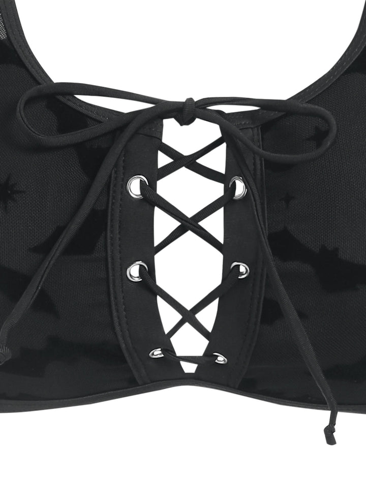 Gothic Bat Cinched Mesh Lace Up Cut Out Bikini Swimsuit